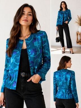 Vintage Adrianna Papell 100% Silk Teal Purple Floral Blouse Jacket Size 12